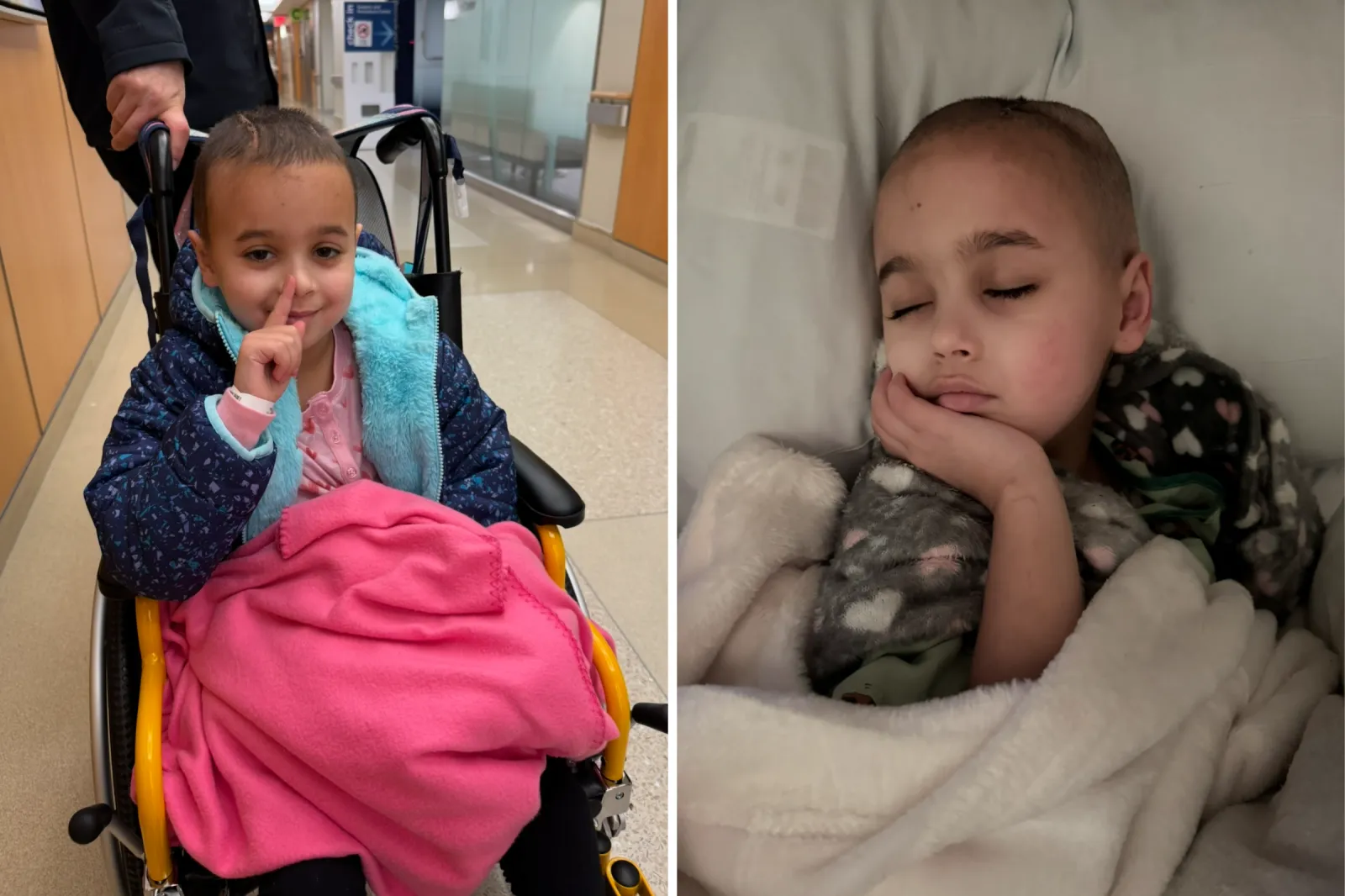 Alessia in a wheelchair in hospital.
