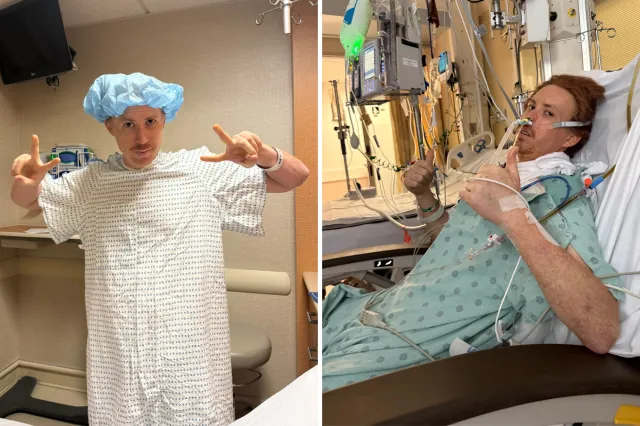 From left: Keaton Herzer gives the peace sign in hospital; and rests in a bed on a drip.