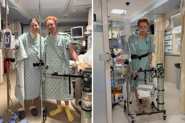 From left: Stephanie and Keaton smile in gowns before transplant surgery, and he walks after the operation.