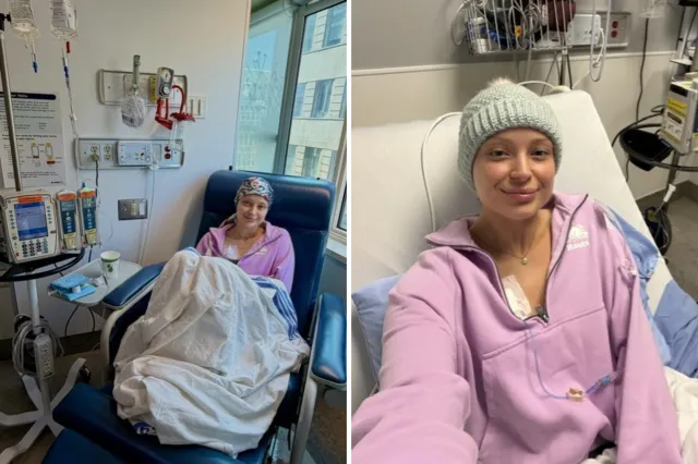 Sabrina Leonard sitting in hospital during chemotherapy treatment.