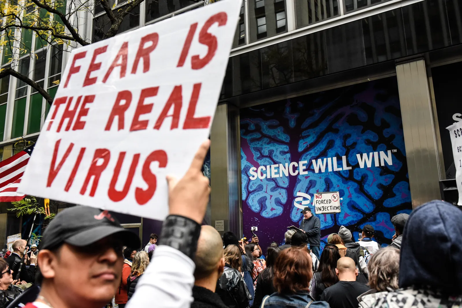 People against vaccinating for the COVID-19 virus protest in front of Pfizer world headquarters on November 13, 2021 in New York City.