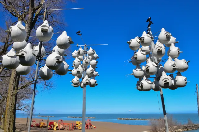 Artificial nests for birds in Lorain Harbor on the shoreline of Lake Erie in Ohio on April 26, 2018.