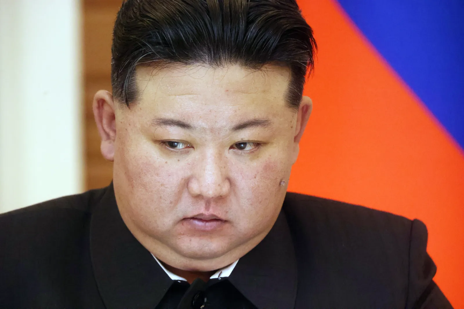 North Korean Supreme Leader Kim Jong Un grimases during a press confernce, June 19, 2024, in Pyongyang, North Korea.