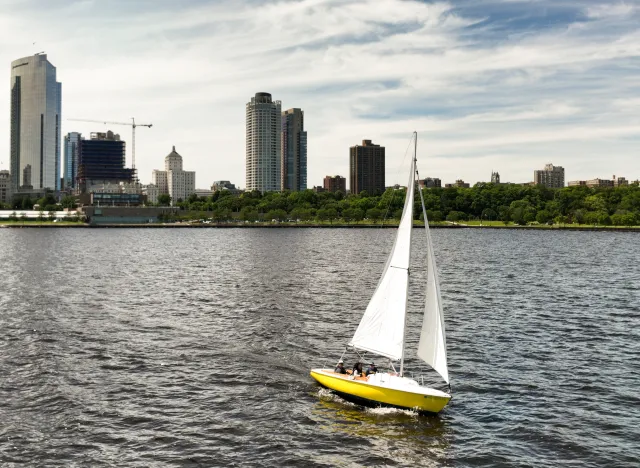 A sailboat moves across the water on Lake Michigan in Milwaukee, on July 1, 2024.)