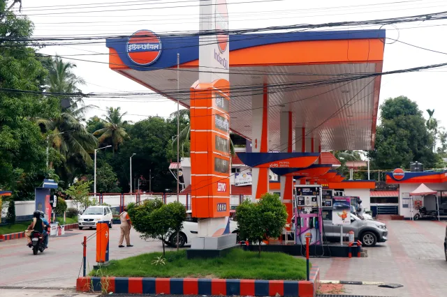 Net crude oil imports make up over 88% of the India's oil production, accord to the International Energy Agency, with the amount of crude oil imported rising by 243% from 2000 to 2023, added the IEA. Less than 6% of India's refined petroleum products are exported. This image shows Kochi, India, June 3 2024, an Indian oil corporation gas petrol refill station and pump. SOURCE: Getty Images