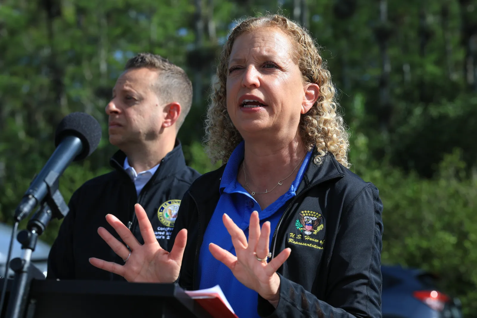File picture: Jared Moskowitz (D-FL) and Rep. Debbie Wasserman Schultz (D-FL) speaking to the media on July 12, 2025 in Ochopee, Florida. (Photo by Joe Raedle/Getty Images)