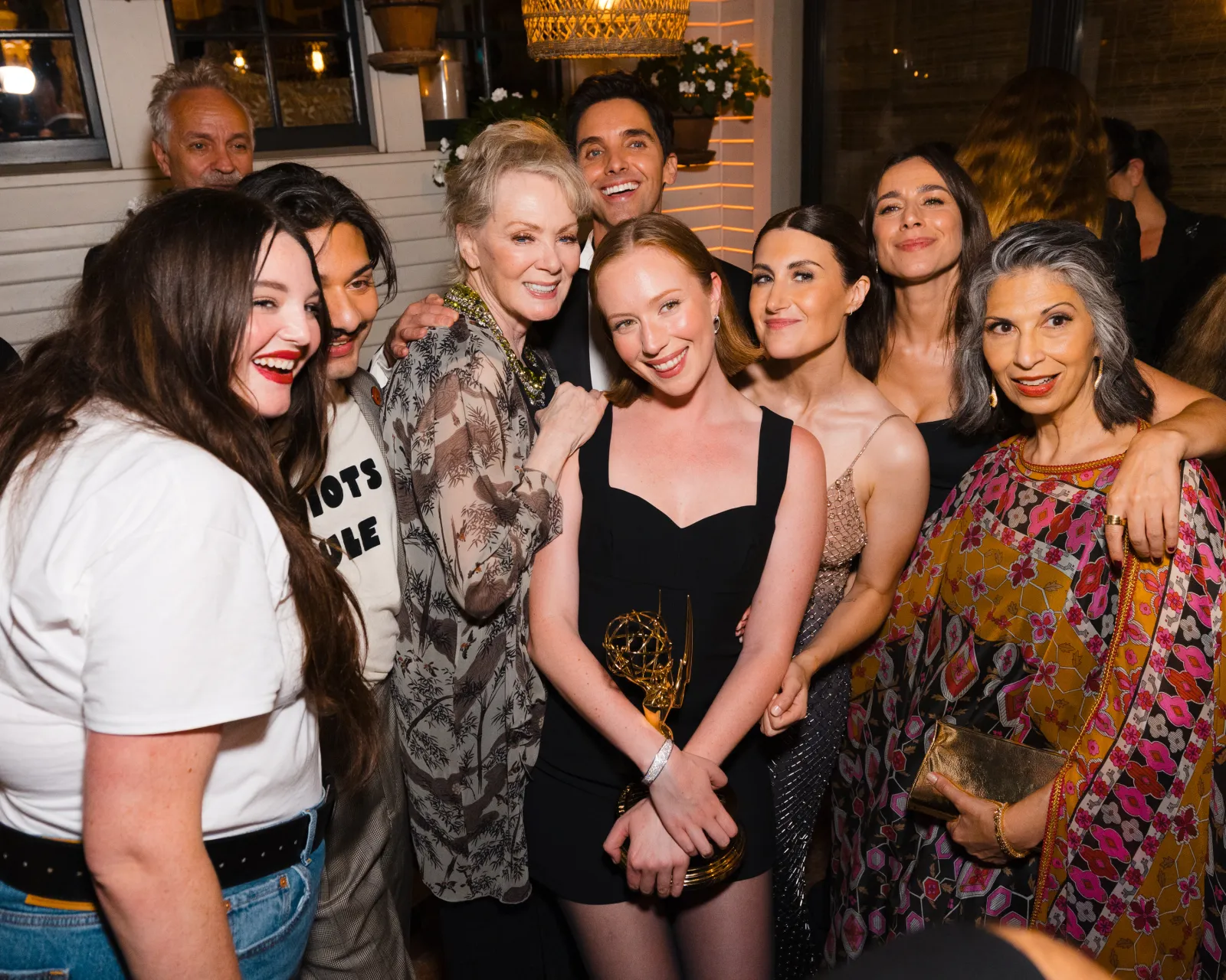 WEST HOLLYWOOD, CALIFORNIA - SEPTEMBER 14: (L-R) Megan Statlter, Mark Indelicato, Jean Smart, Hannah Einbinder, Paul W. Downs, Jane Statsky, Lucia Aniello, Rose Abdoo, and Christopher McDonald attend the HBO Max Primetime Emmy Awards Afterparty at San Vicente Bungalows on September 14, 2025 in West Hollywood, California.  (Photo by David Jon/Getty Images for HBO Max)