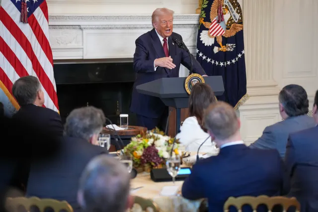 President Donald Trump speaks with Senate Republicans at a breakfast at the White House on November 5, 2025.