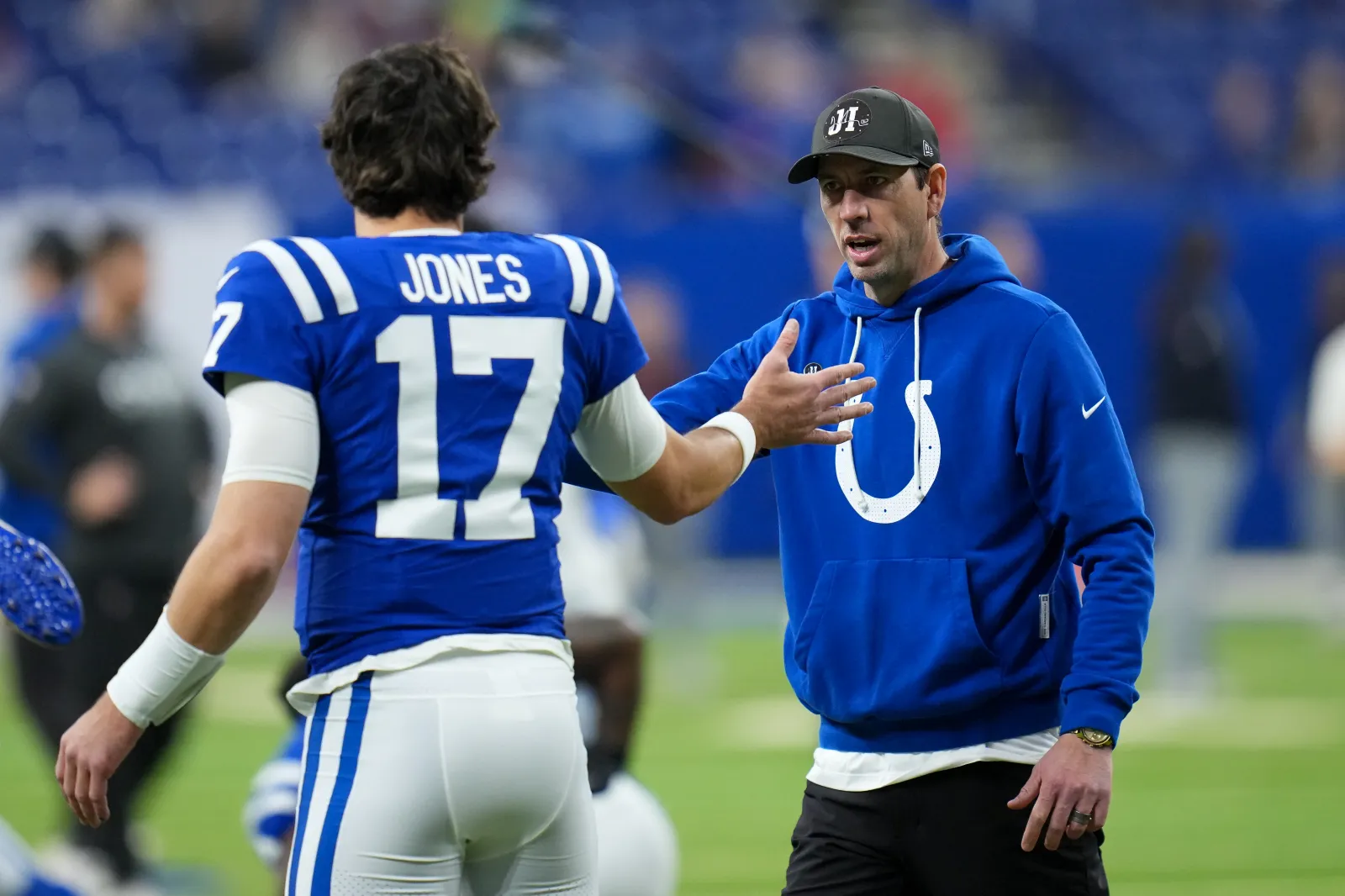 Indianapolis Colts QB Daniel Jones and head coach Shane Steichen