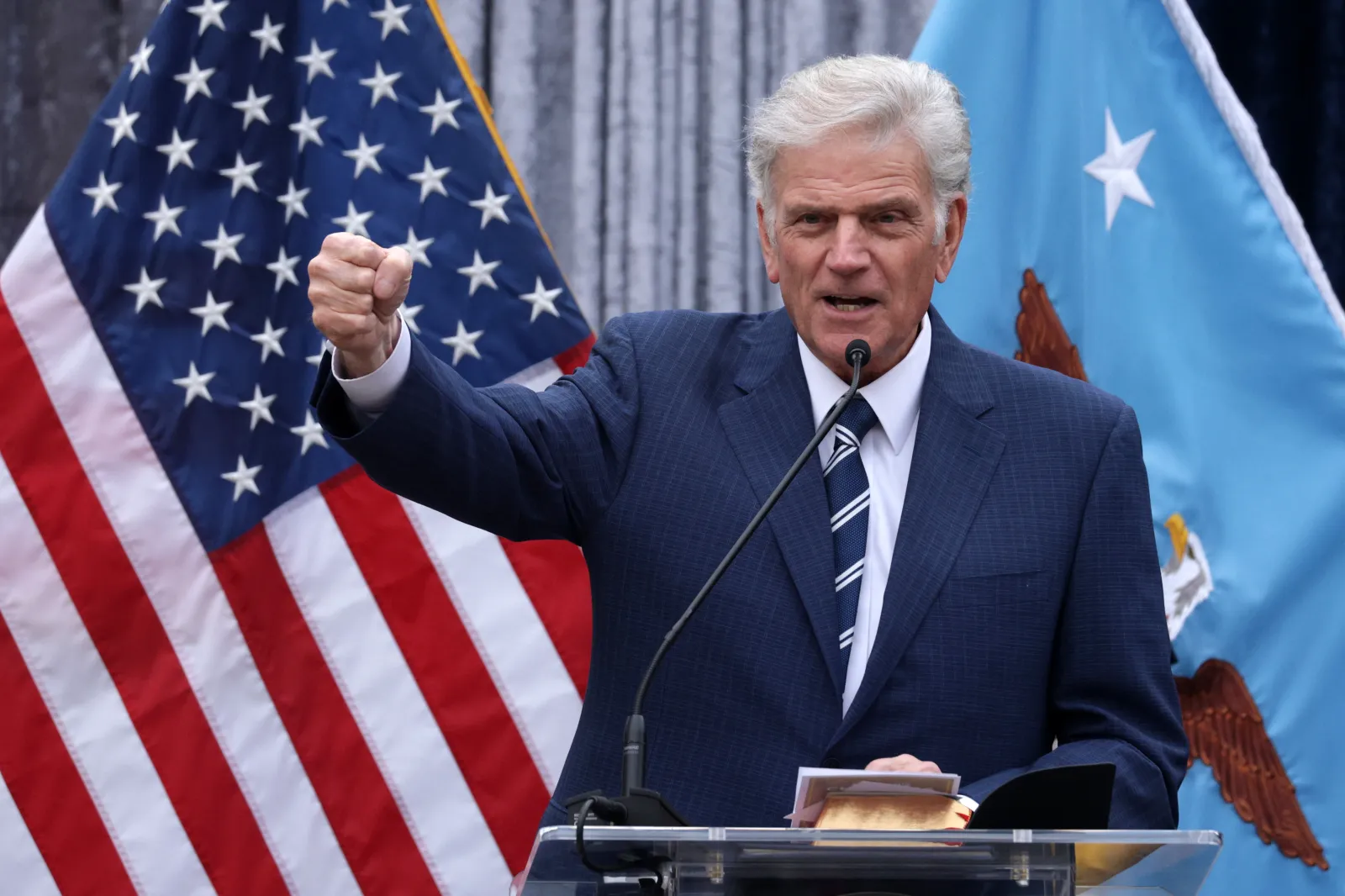 Franklin Graham delivers sermon during a Christmas service at the Pentagon on December 17, 2025 in Arlington, Virginia.