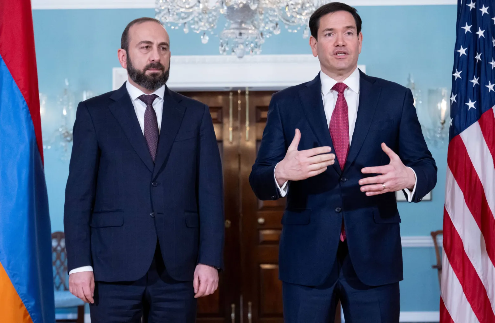 U.S. Secretary of State Marco Rubio, right, speaks to the press as he greets Armenian Foreign Minister Ararat Mirzoyan, left, prior to meetings at the State Department in Washington, D.C., on January 13, 2026. (Photo by SAUL LOEB / AFP via Getty Images)