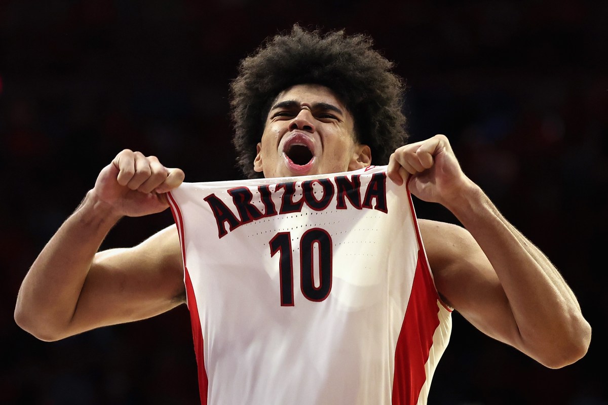 Koa Peat #10 of the Arizona Wildcats celebrates after scoring against the Arizona State Sun Devils