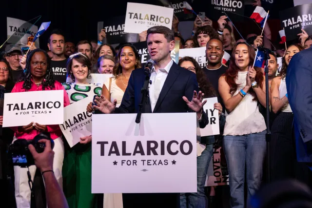 U.S. Senate candidate James Talarico addresses supporters on March 3 in Austin, Texas.