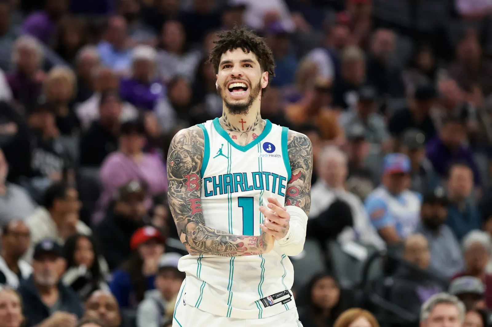 SACRAMENTO, CALIFORNIA - MARCH 11: LaMelo Ball #1 of the Charlotte Hornets stands on the court during their game against the Sacramento Kings at Golden 1 Center on March 11, 2026 in Sacramento, California. (Photo by Ezra Shaw/Getty Images)
