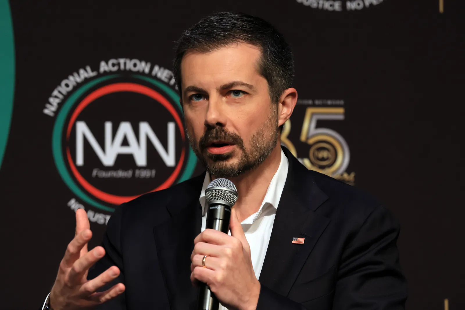 Former Transportation Secretary Pete Buttigieg speaks at the National Action Network convention on April 10, 2026, in New York City.