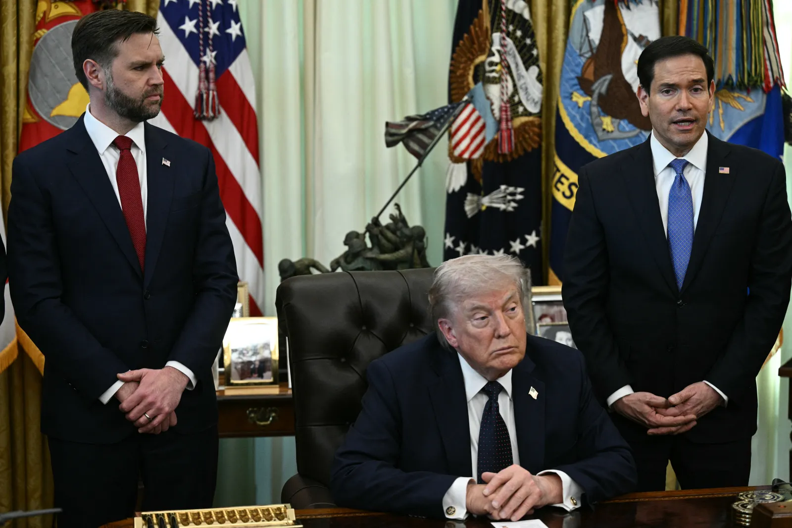 From left, Vice President JD Vance and President Donald Trump listen as Secretary of State Marco Rubio speaks during a meeting at the White House in Washington, D.C., on April 23. (Photo by Brendan Smialowski/AFP via Getty Images)