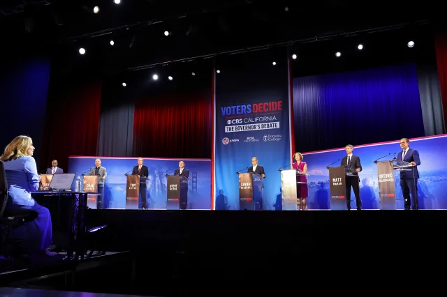 California gubernatorial candidates, from left, Tony Thurmond, Chad Bianco, Tom Steyer, Steve Hilton, Xavier Becerra, Katie Porter, Matt Mahan and Antonio Villaraigosa attend CBS' California Gubernatorial Debate on April 28, 2026, in Claremont, California.