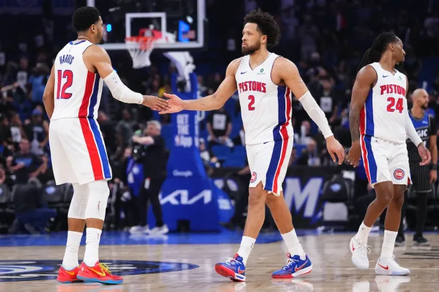 Detroit Pistons stars Tobias Harris slaps hands with Cade Cunningham during 2026 NBA Playoffs