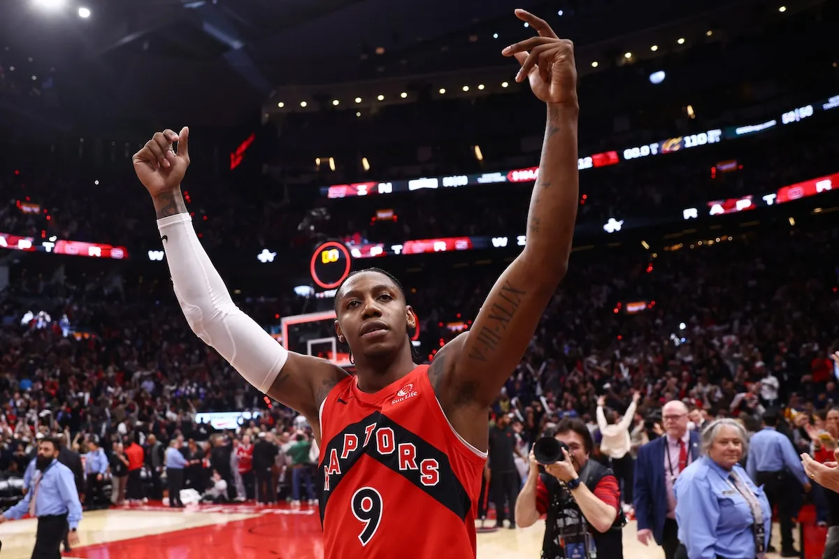 Toronto Raptors star RJ Barrett celebrates after his game-winning shot in Game 6 against the Cleveland Cavaliers