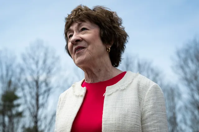 Maine Senator Susan Collins speaks to reporters in Harrison, Maine, on May 5, 2026.