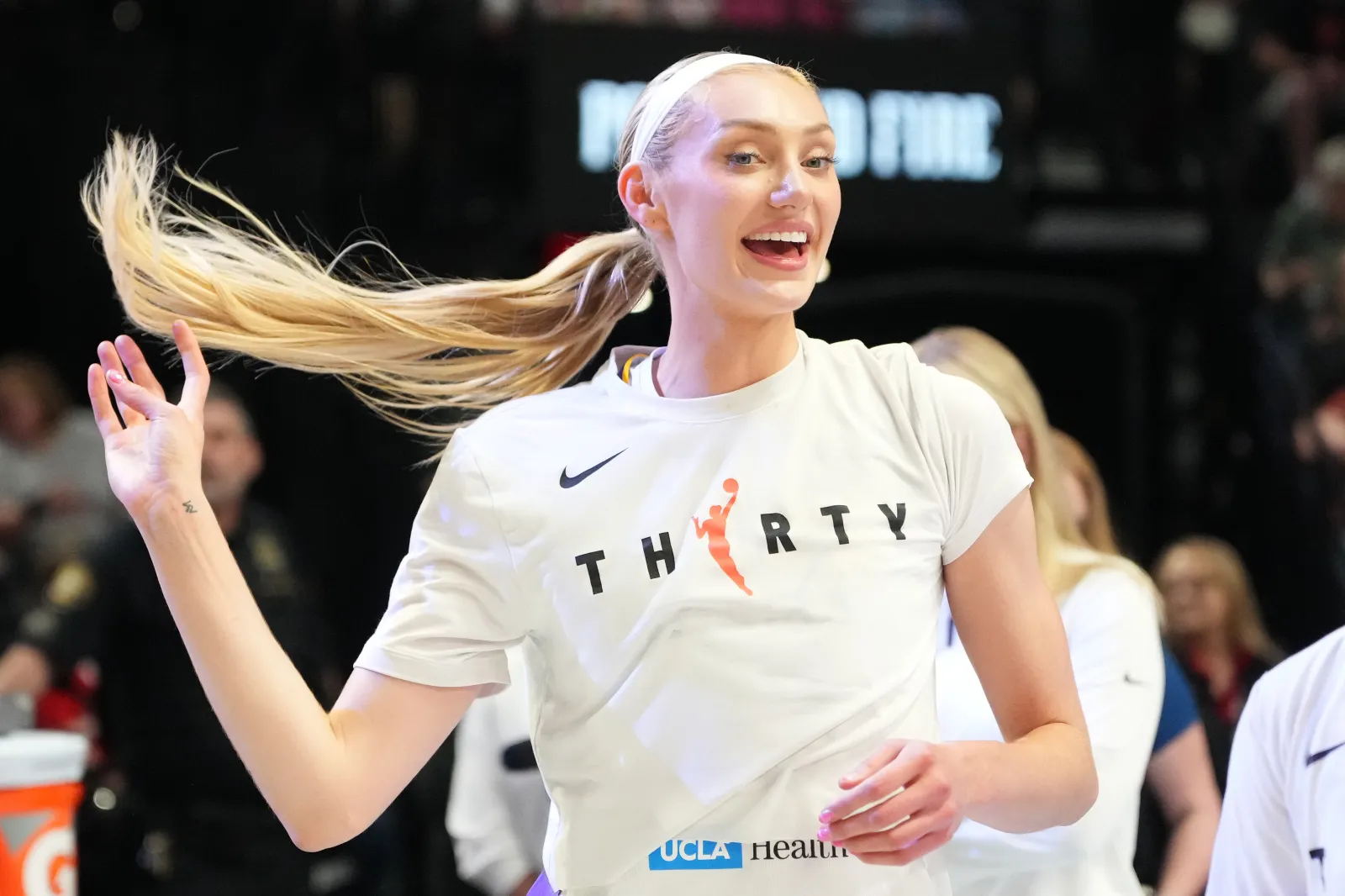 PORTLAND, OREGON - MAY 03: Cameron Brink #22 of the Los Angeles Sparks reacts prior to the preseason game against the Portland Fire at Moda Center on May 03, 2026 in Portland, Oregon. (Photo by Soobum Im/Getty Images)
