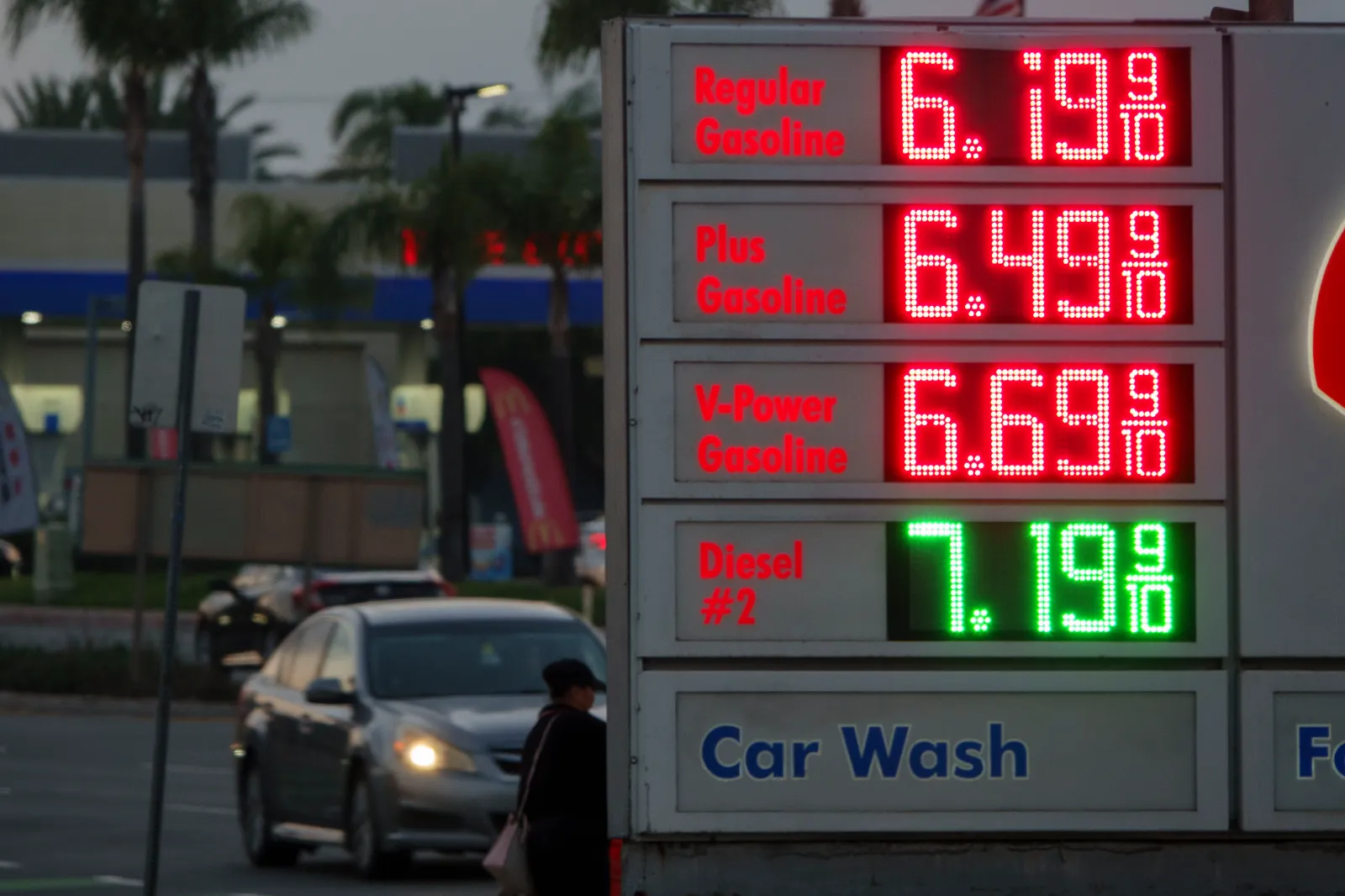 Gas prices over 6 dollars a gallon are seen on a sign at a Shell station on May 11, 2026, in San Diego