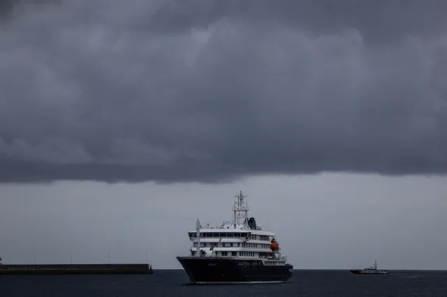 The MV Hondius is seen docked in the Granadilla Port on May 10, 2026 in Tenerife, part of the Canary Islands, Spain