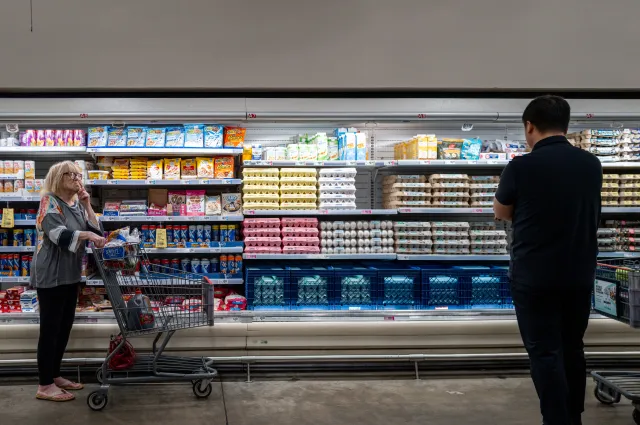 Customers shop for eggs at an H-E-B grocery store on May 11, 2026, in Austin, Texas.