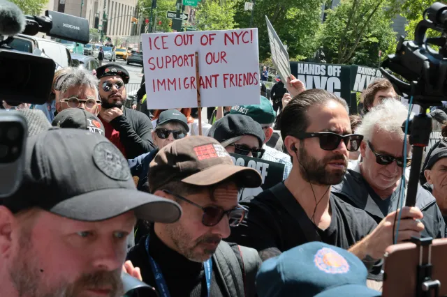 People attend an anti-Immigration and Customs Enforcement (ICE) protest in New York City on May 12, 2026.