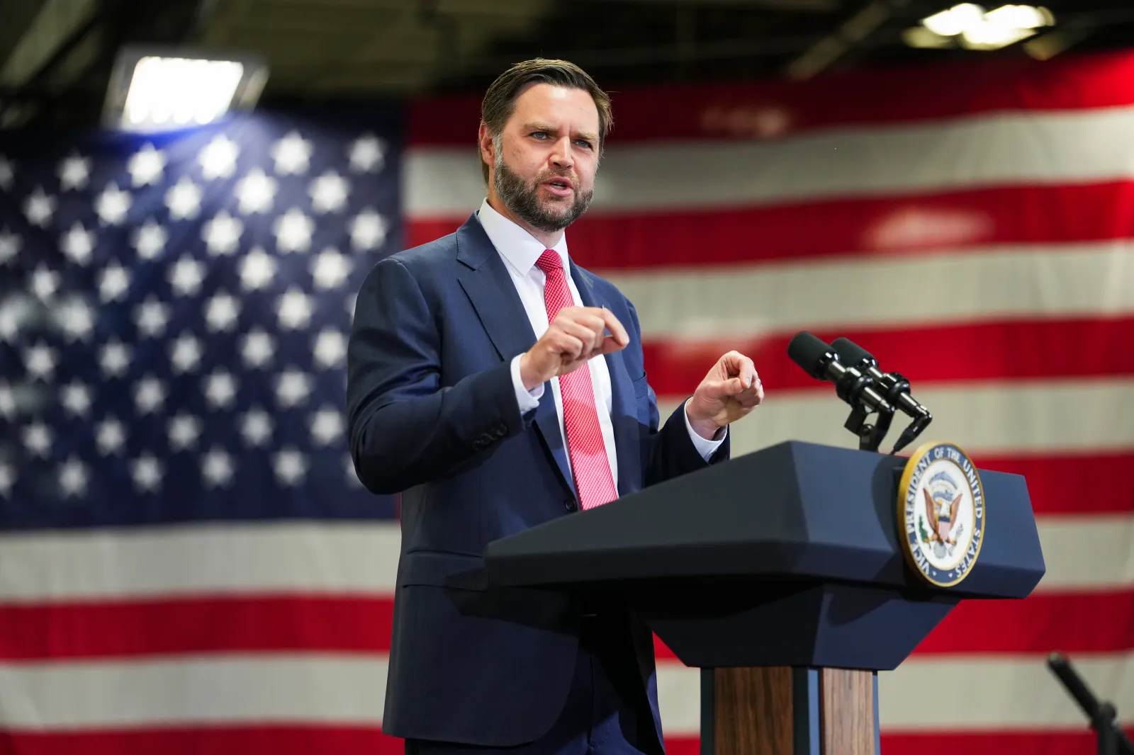Vice President JD Vance speaks during an event at Milbank Manufacturing Company on Monday in Kansas City, Missouri. (Photo by Eric Lee-Pool/Getty Images)