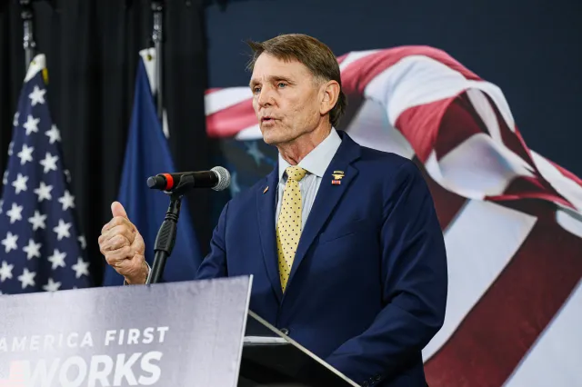 Ed Gallrein campaigns at an America First Workers Special Event on May 18, 2026 in Hebron, Kentucky.
