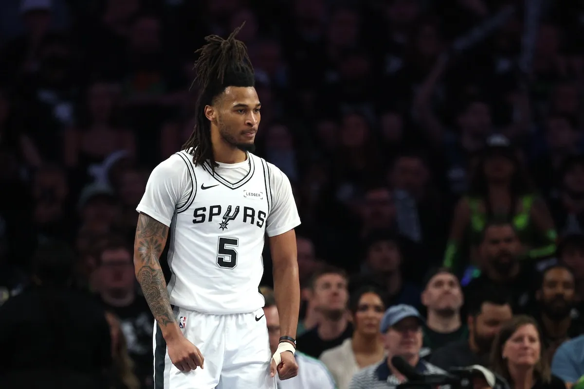 San Antonio Spurs star Stephon Castle reacts in playoff game against Minnesota Timberwolves