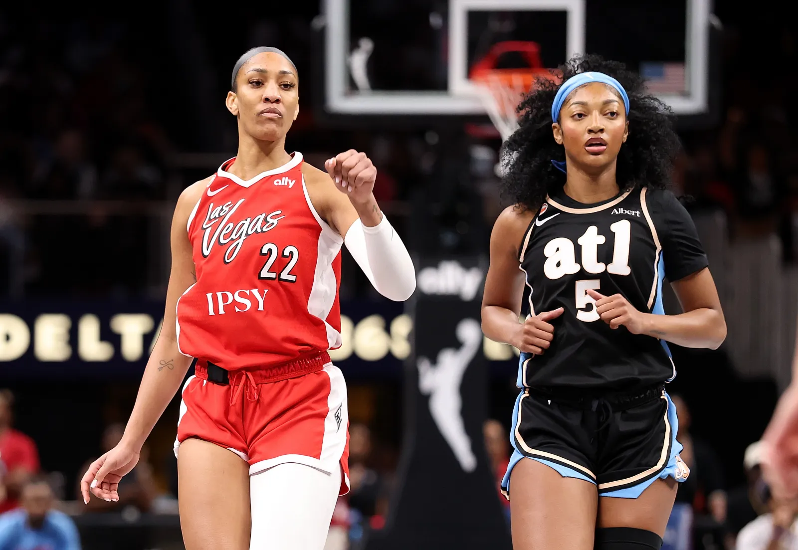 A'ja Wilson #22 of the Las Vegas Aces and Angel Reese #5 of the Atlanta Dream