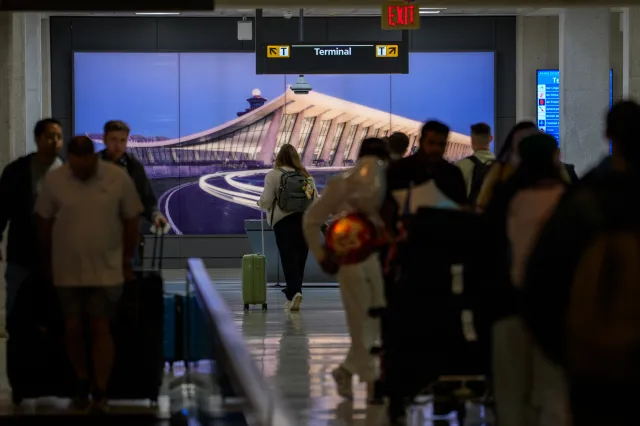 An image of Washington Dulles International Airport is displayed in one of the airport's tunnels on May 22, 2026, in Dulles, Virginia.