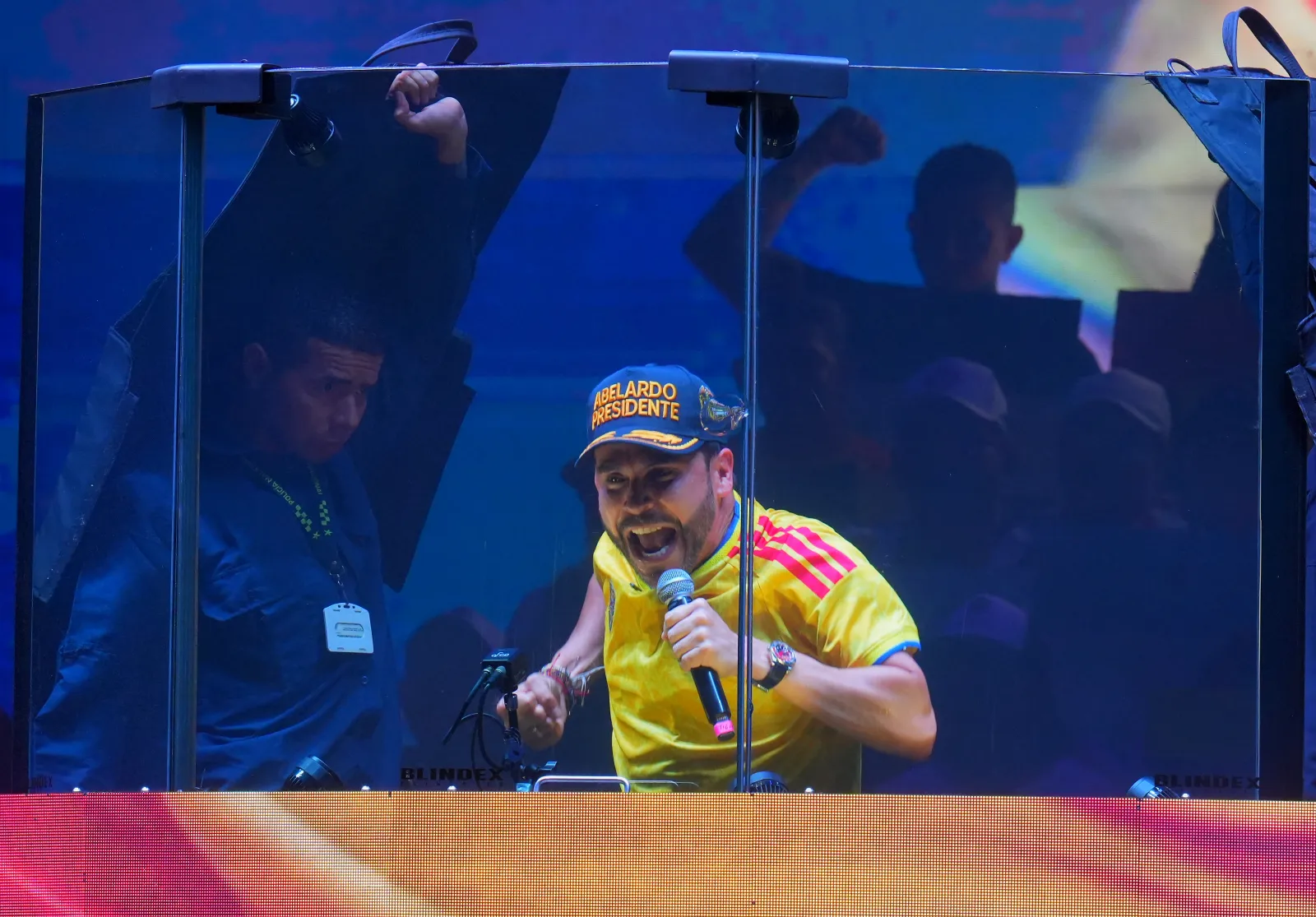 Colombia's presidential candidate for the Defensores de la Patria party Abelardo de la Espriella speaks behind a bulletproof glass during his last campaign rally in Barranquilla, Colombia on May 23, 2026.