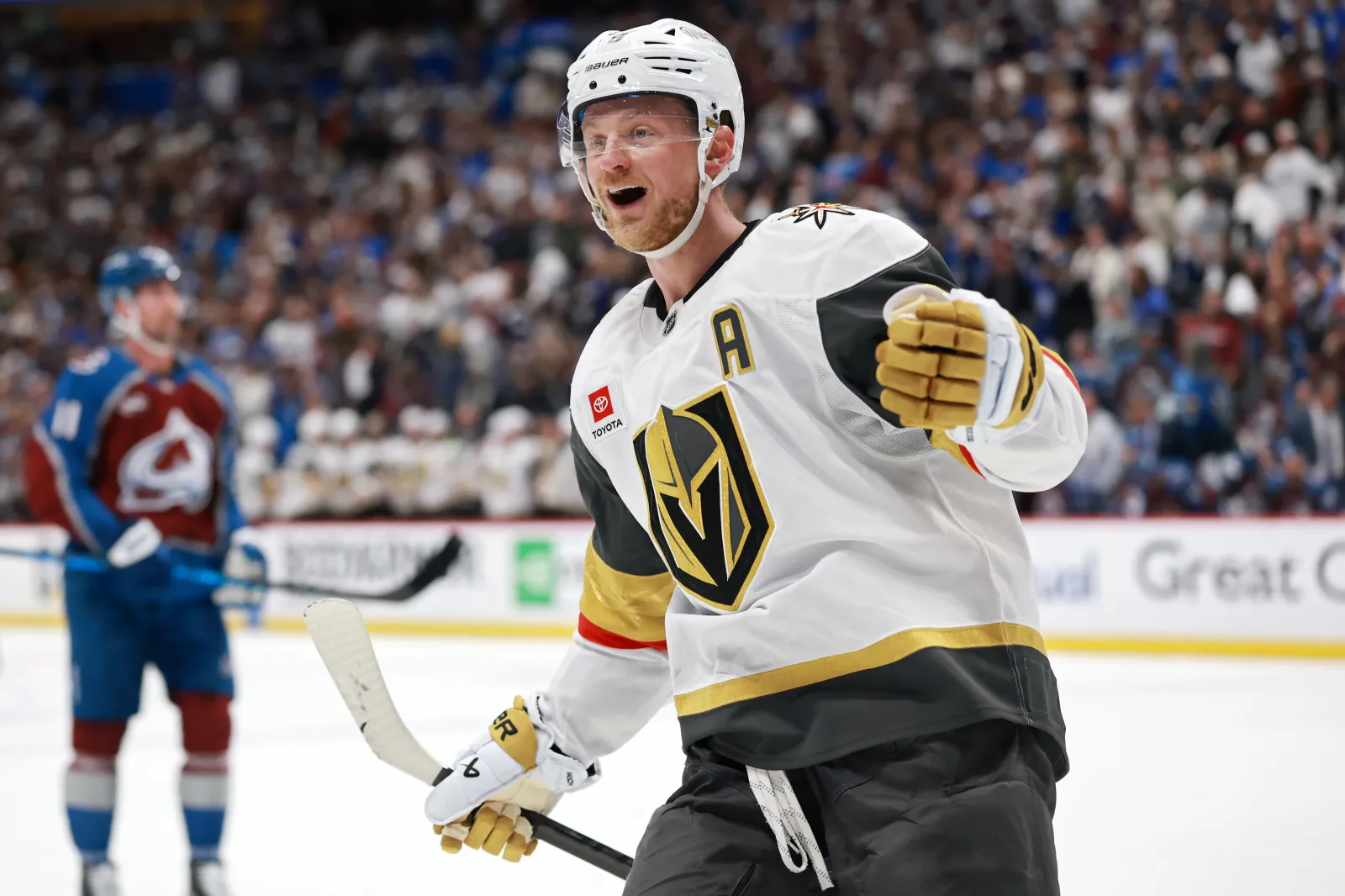 DENVER, COLORADO - MAY 20: Jack Eichel #9 of the Vegas Golden Knights reacts after assisting on a goal during the third period against the Colorado Avalanche in Game One of the Western Conference Final of the 2026 Stanley Cup Playoffs at Ball Arena on May 20, 2026 in Denver, Colorado. (Photo by Sean M. Haffey/Getty Images)