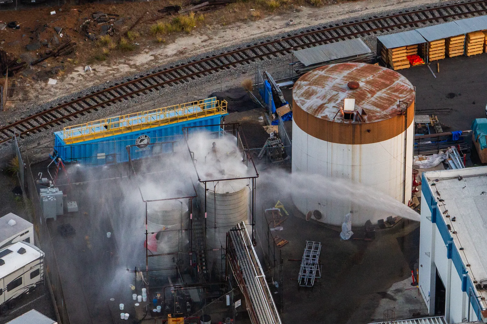 Water being sprayed onto the tank at GKN Aerospace on May 23, 2026, in Garden Grove, California.