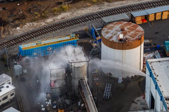Water being sprayed onto the tank at GKN Aerospace on May 23, 2026, in Garden Grove, California.