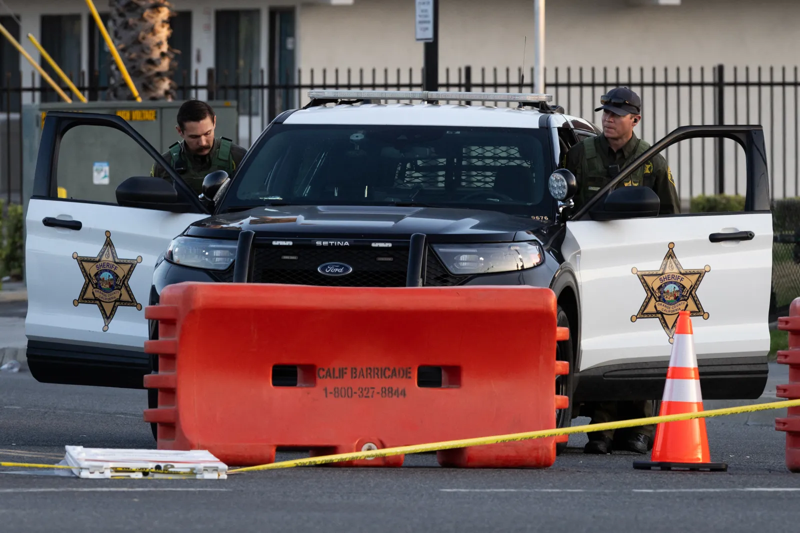 Orange County sheriff's deputies block Western Avenue as roads remain closed after a chemical leak from a large storage tank prompted evacuations in Garden Grove, California, on May 24, 2026.