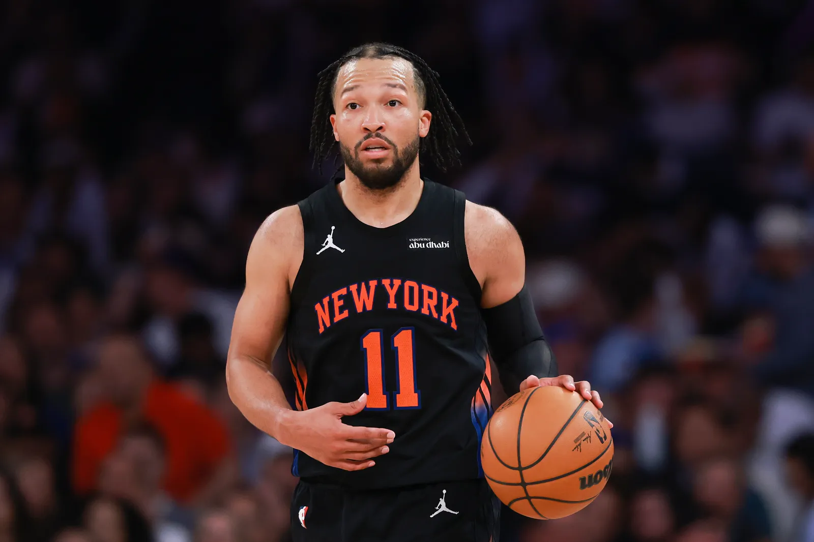NEW YORK, NEW YORK - MAY 21: Jalen Brunson #11 of the New York Knicks dribbles the ball against the Cleveland Cavaliers during the third quarter in Game Two of the NBA Eastern Conference Finals at Madison Square Garden on May 21, 2026 in New York City. (Photo by Sarah Stier/Getty Images)