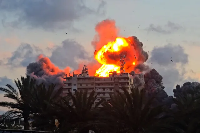 A fireball erupts from a building on Thursday following an Israeli strike in Tyre, southern Lebanon.