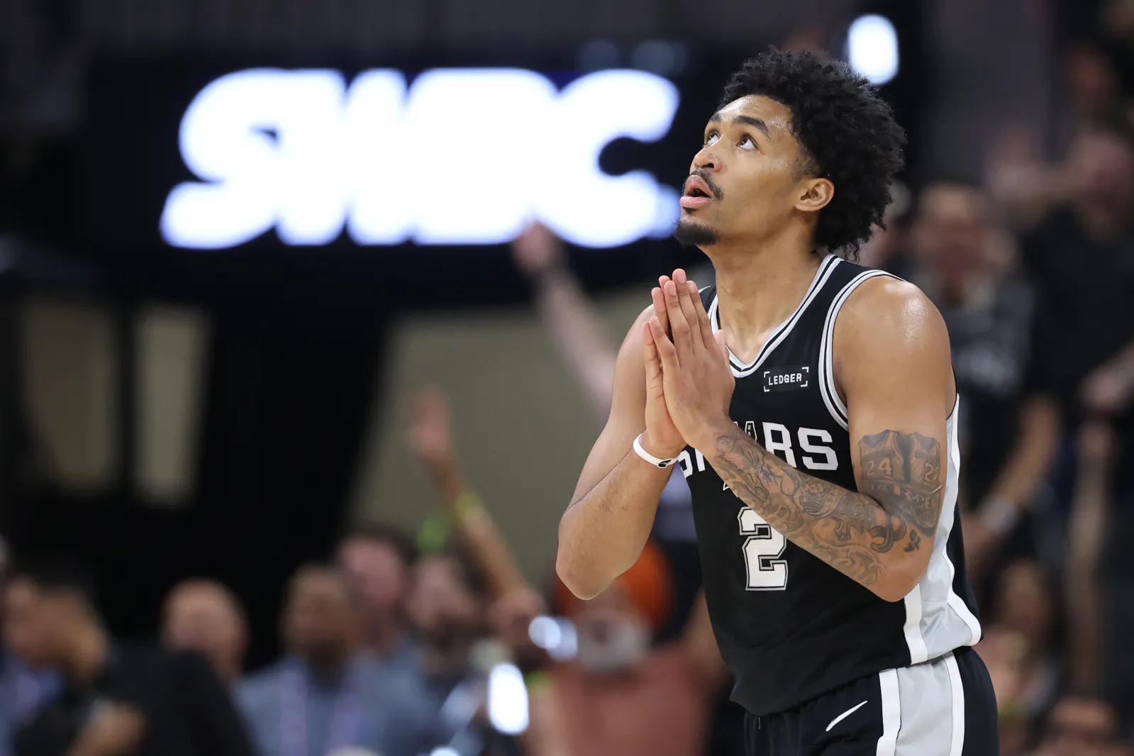SAN ANTONIO, TEXAS - MAY 28: Dylan Harper #2 of the San Antonio Spurs looks on during the first quarter against the Oklahoma City Thunder in Game Six of the NBA Western Conference Finals at Frost Bank Center on May 28, 2026 in San Antonio, Texas. (Photo by Christian Petersen/Getty Images)