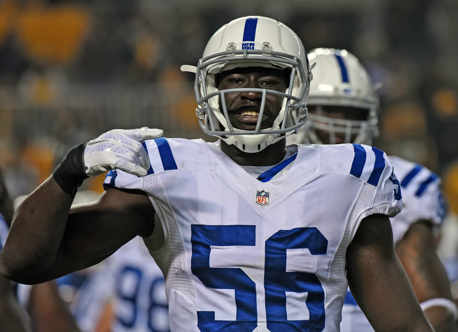 Linebacker Daniel Adongo of the Indianapolis Colts signals during a game against the Pittsburgh Steelers at Heinz Field on December 6, 2015 in Pittsburgh, Pennsylvania.
