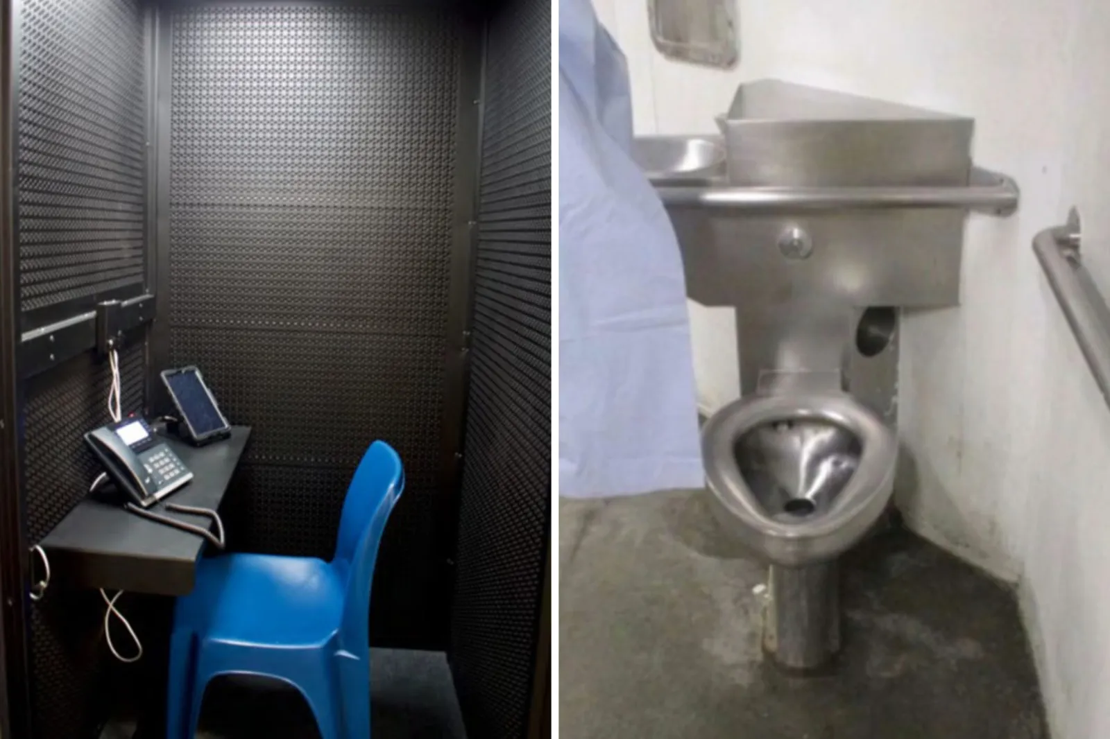Interior of a phone booth at Imperial and an intake holding cell toilet with a sink at Otay Mesa.