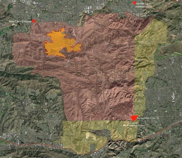 A map shows celebrity homes at risk in the Simi Valley fire.