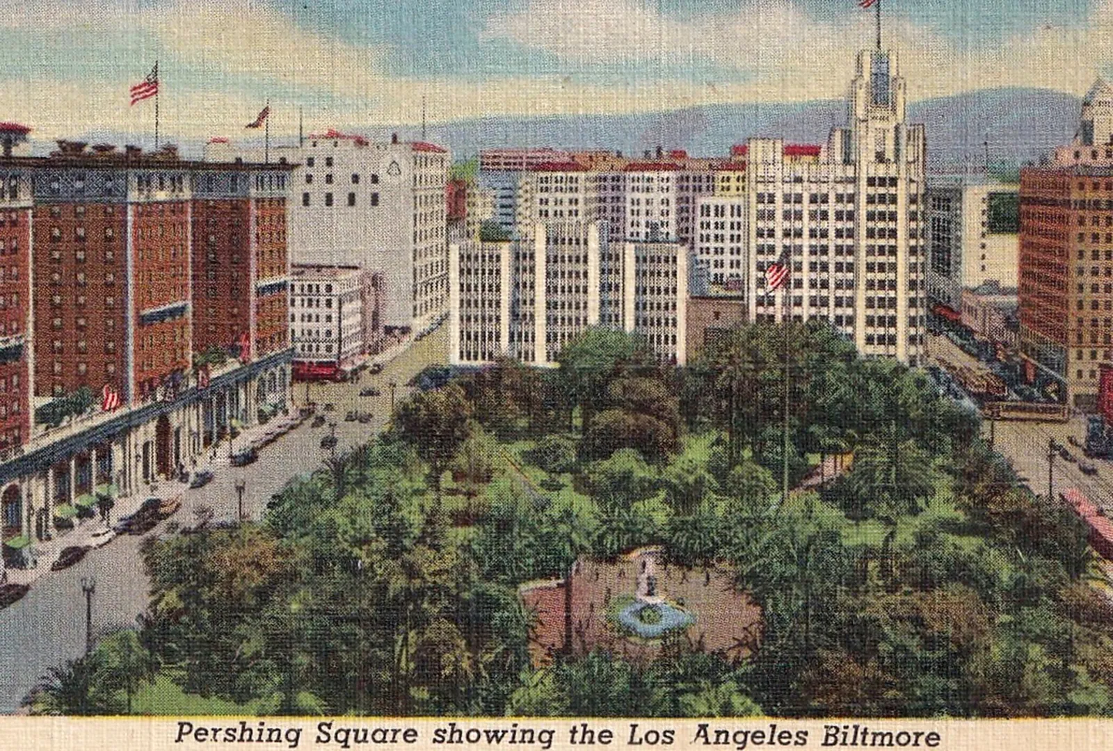 Vintage souvenir linen postcard published ca 1938 from series depicting Hollywood landmarks and movie star homes, here a view of the historic Pershing Square including the fables Los Angeles Biltmore Hotel