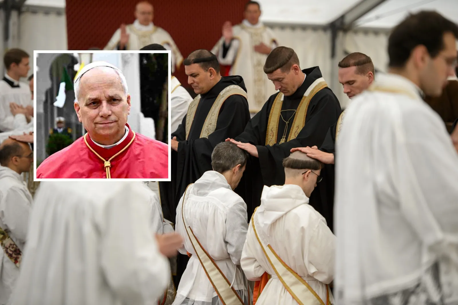 New priests receive the benediction during an ordination mass of the breakaway fundamentalist Roman Catholic Society of St Pius X in Econe, western Switzerland on June 28, 2013, and (inset) Pope Leo XIV greets the crowd as he leaves after presiding over a mass at San Pancrazio cathedral in Albano Laziale, Italy, on July 20, 2025.
