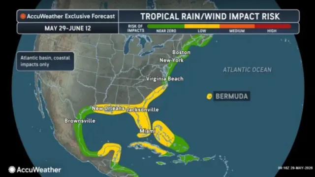 A map from AccuWeather shows the impact risk for wind and rain associated with tropical systems in the Atlantic Basin.