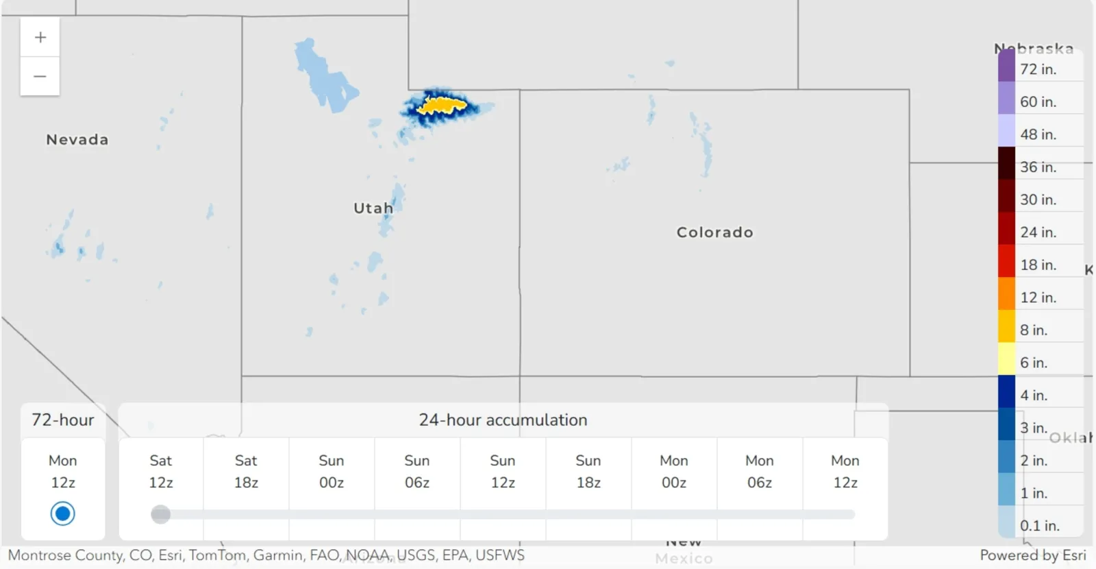 A snowfall forecast from the NWS Weather Prediction Center shows where several inches of snow is expected to fall on Friday night into Saturday in Utah.