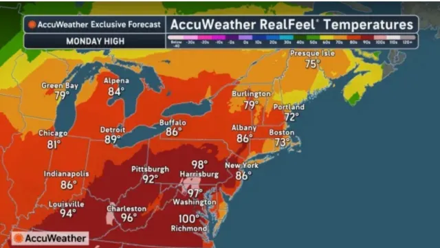 A map from AccuWeather shows feels-like temperatures on Monday for the Northeast and Mid-Atlantic.